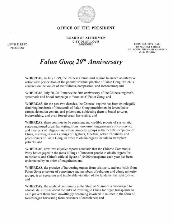 Image for article Missouri : Le président d'un conseil municipal condamne la persécution du Falun Gong et les prélèvements forcés d'organes
