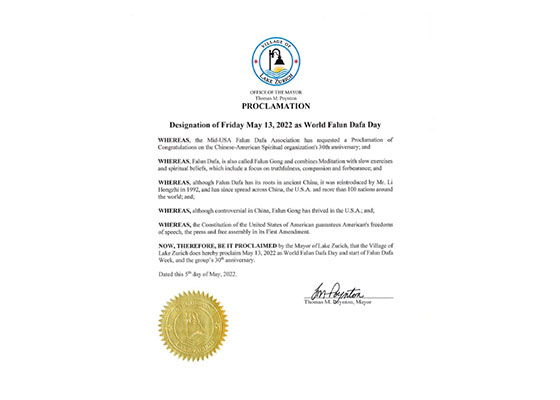 Image for article Illinois, États-Unis : Le village de Lake Zurich proclame la semaine du Falun Dafa