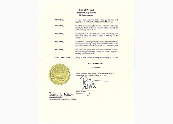 Image for article Vermont, États-Unis : Le gouverneur proclame la Journée du Falun Dafa