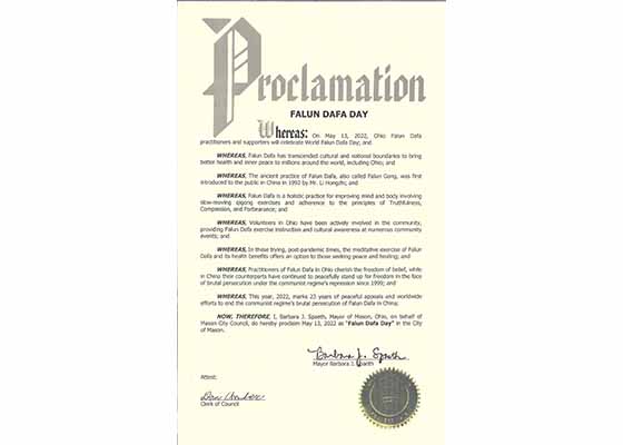 Image for article Ohio, États-Unis : Le maire de Mason proclame la Journée du Falun Dafa