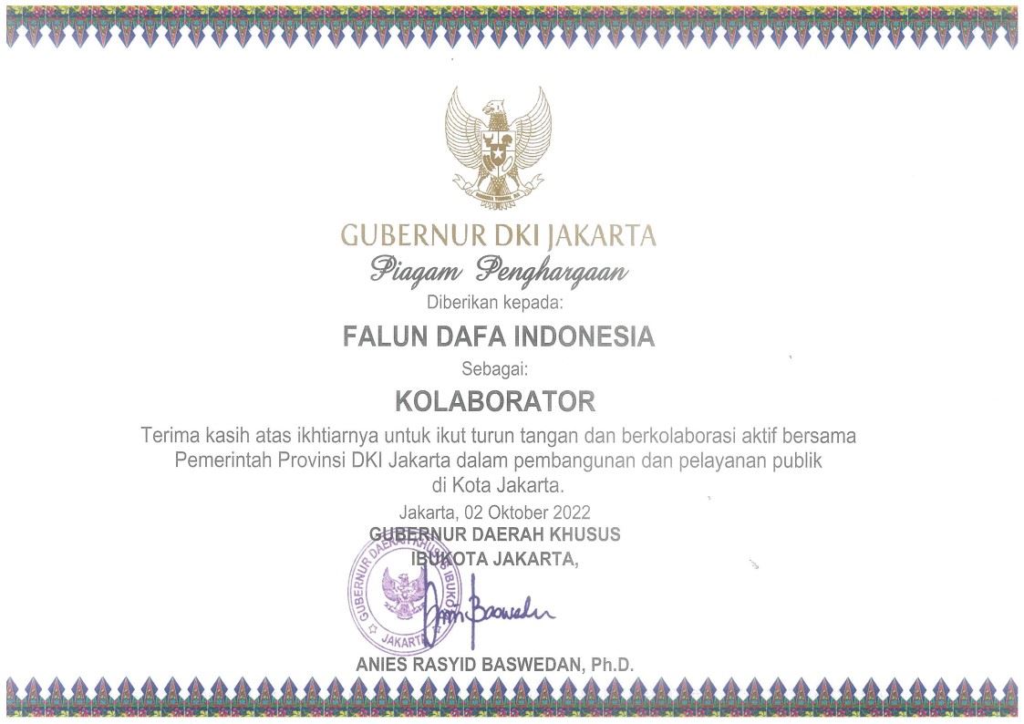 Image for article Indonésie : Des pratiquants de Falun Dafa reçoivent un certificat d’appréciation du gouverneur de Jakarta