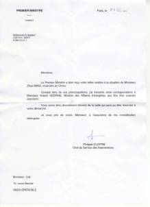 Image for article Le Cabinet du Premier Ministre français se préoccupe de la situation de ZHAO Ming, élève de Falun Gong