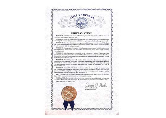 Image for article La sénatrice de l'État du Nevada publie une proclamation pour célébrer la Journée mondiale du Falun Dafa