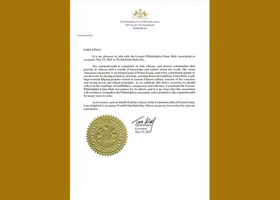 Image for article Pennsylvanie : Le gouverneur envoie une lettre de vœux pour reconnaître la Journée mondiale du Falun Dafa
