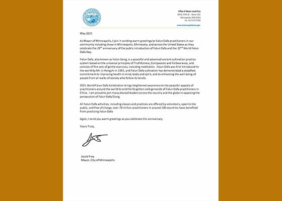 Image for article Minnesota : Le maire de Minneapolis envoie une lettre de salutation pour marquer la Journée mondiale du Falun Dafa