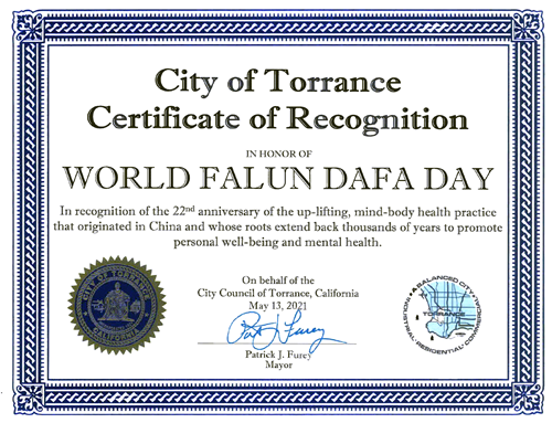 Image for article Californie : Le maire de Torrance émet un certificat de reconnaissance en l'honneur de la Journée mondiale du Falun Dafa