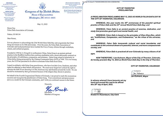 Image for article Colorado : Des élus envoient des lettres de félicitations pour la Journée mondiale du Falun Dafa