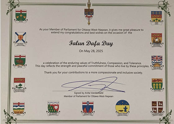 Image for article Canada : Des élus de tous les niveaux de gouvernement envoient des lettres de félicitations à l’occasion de la 26<SUP>e</SUP> Journée mondiale du Falun Dafa (4<SUP>e</SUP> partie)
