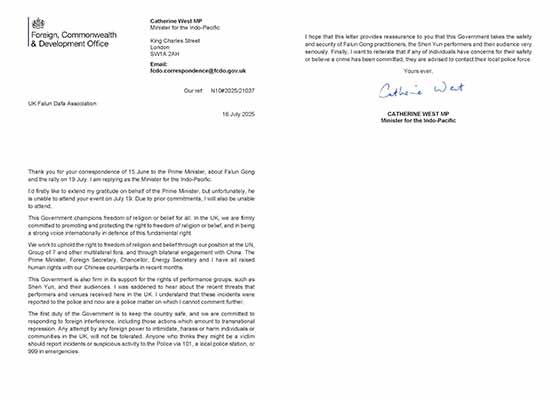 Image for article Une lettre du gouvernement britannique envoyée à l’association de Falun Dafa exprime son soutien à Shen Yun et à la liberté de religion