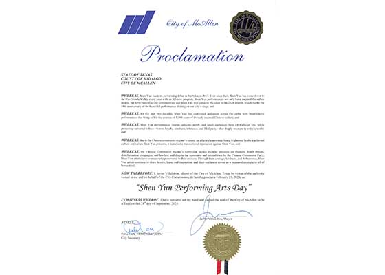 Image for article Texas, États-Unis : Le maire de McAllen proclame la Journée Shen Yun Performing Arts