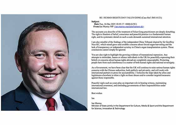 Image for article Le ministre d'État britannique exprime son soutien aux activités organisées par le groupe Falun Gong à l'occasion de la Journée des droits de l'homme