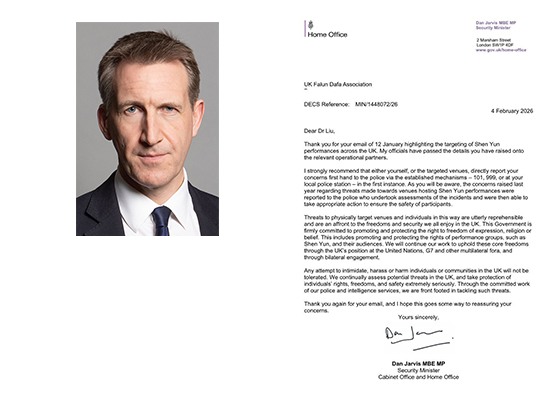 Image for article Le ministre britannique de la Sécurité : Les menaces visant Shen Yun sont tout à fait répréhensibles