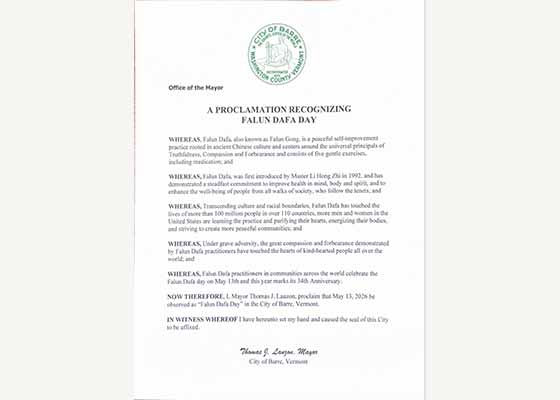Image for article Vermont : La ville de Barre a publié une proclamation reconnaissant la Journée du Falun Dafa