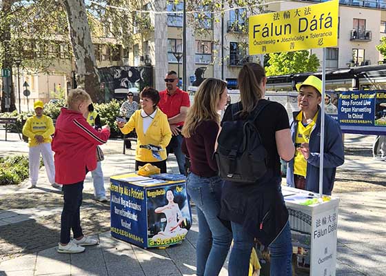 Image for article Des Hongrois aident les pratiquants de Falun Dafa à sensibiliser le public à la persécution lors de l’anniversaire de l’Appel du 25 avril