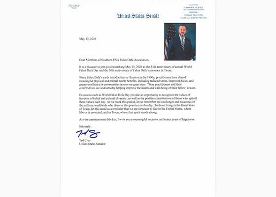 Image for article Le sénateur Ted Cruz commémore la Journée mondiale du Falun Dafa