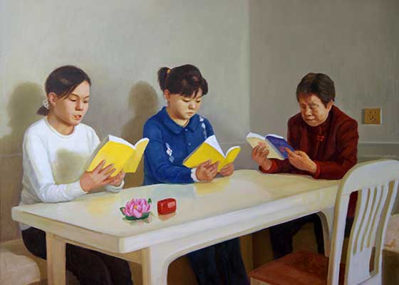 Image for article [Célébration de la Journée mondiale du Falun Dafa] Peinture à l’huile : Trois générations d’une même famille pratiquent le Falun Dafa