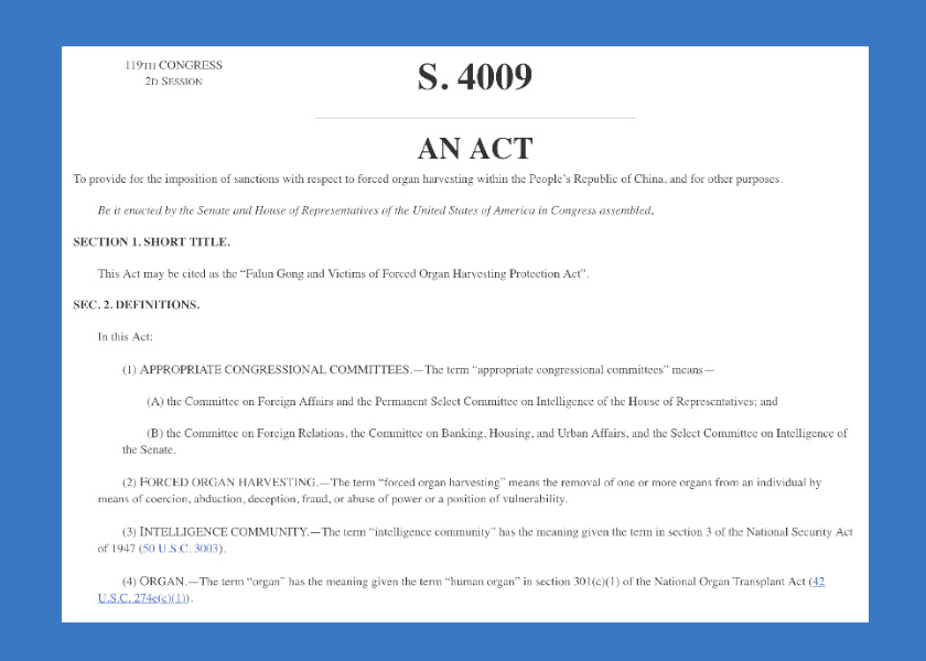 Image for article Le Sénat américain adopte le projet de loi S.4009 : Loi sur la protection du Falun Gong et des victimes des prélèvements forcés d’organes